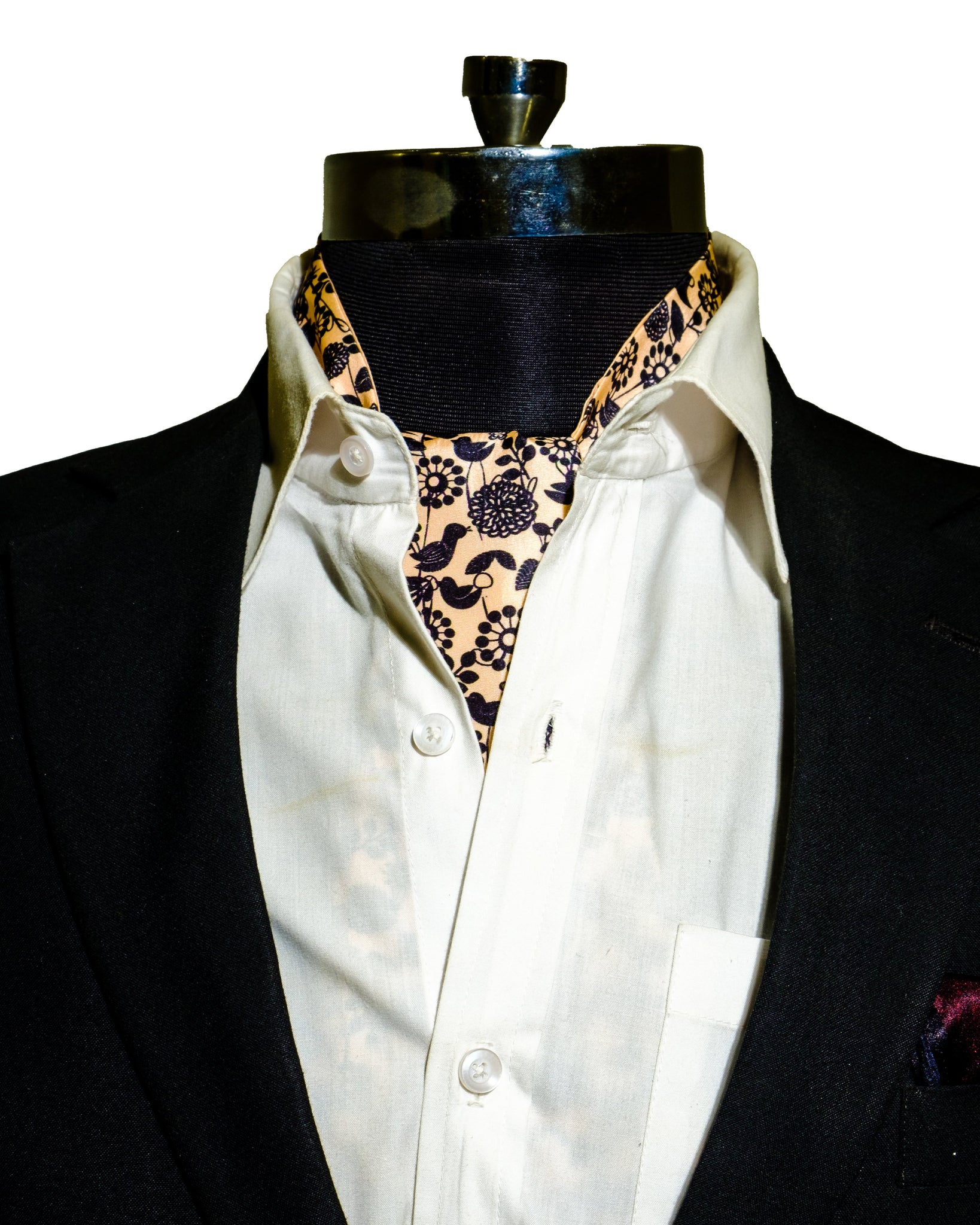 Chokor Apricot & Black Bird print Silk Cravat