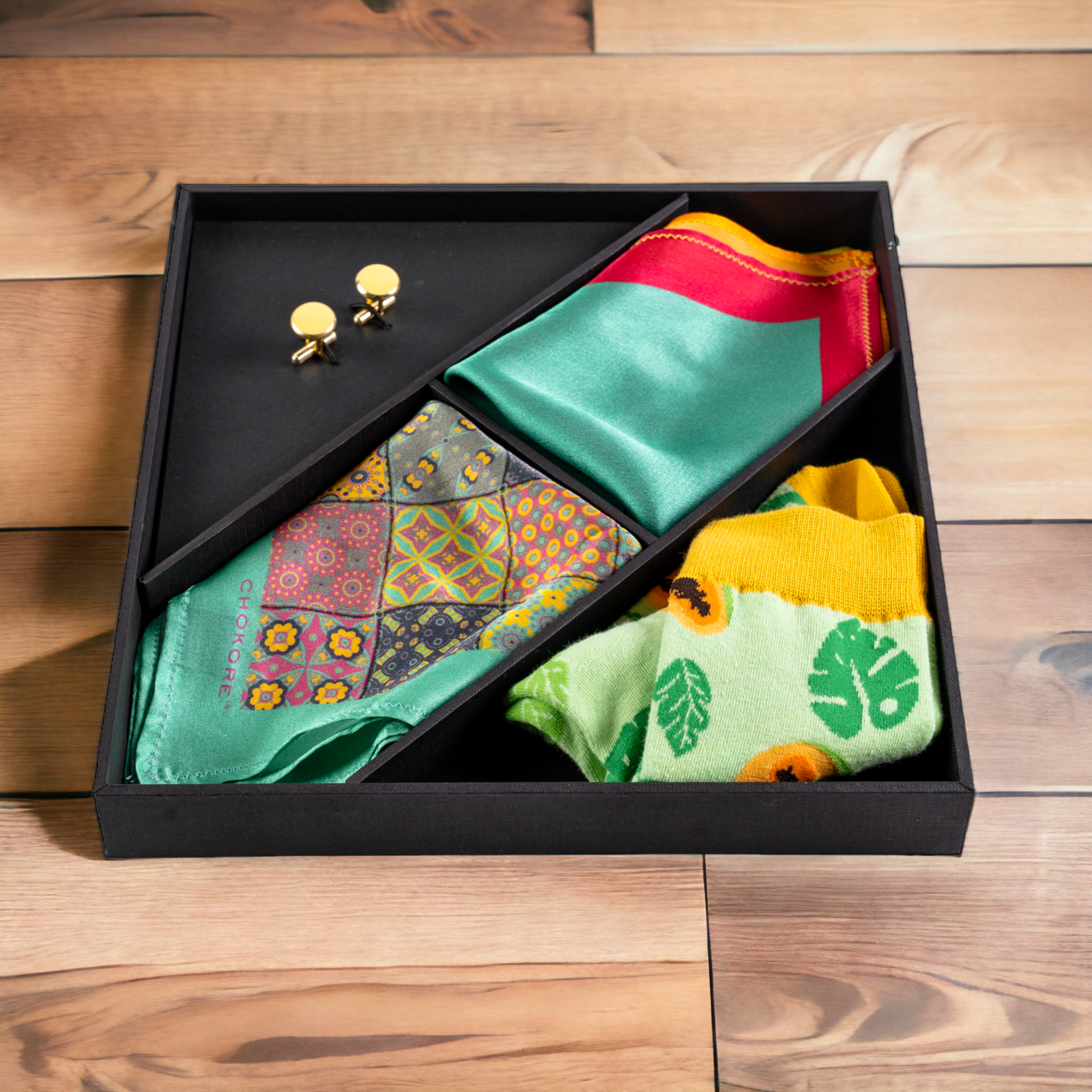 Chokore Special 4-in-1 Gift Set (2 Pocket Squares, Cufflinks, & Socks)