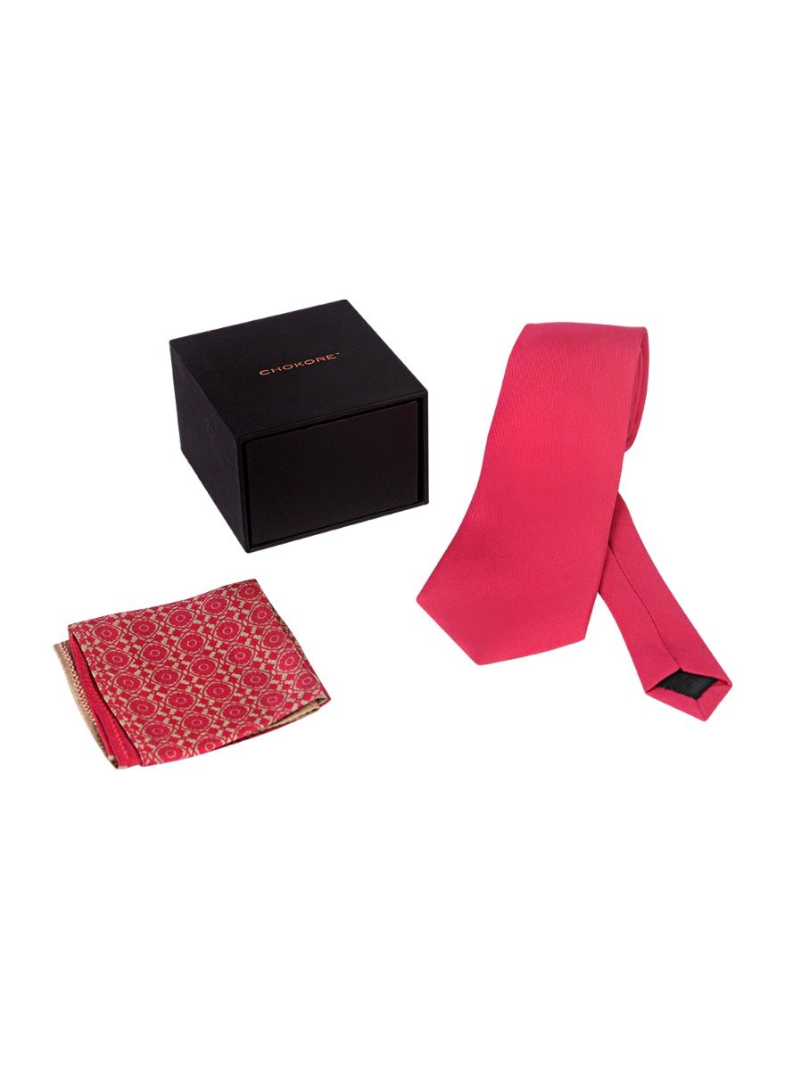 Chokore Plain Pink color silk tie & Indian at Heart design Wine Pink & Beige color Satin Silk Pocket Square set