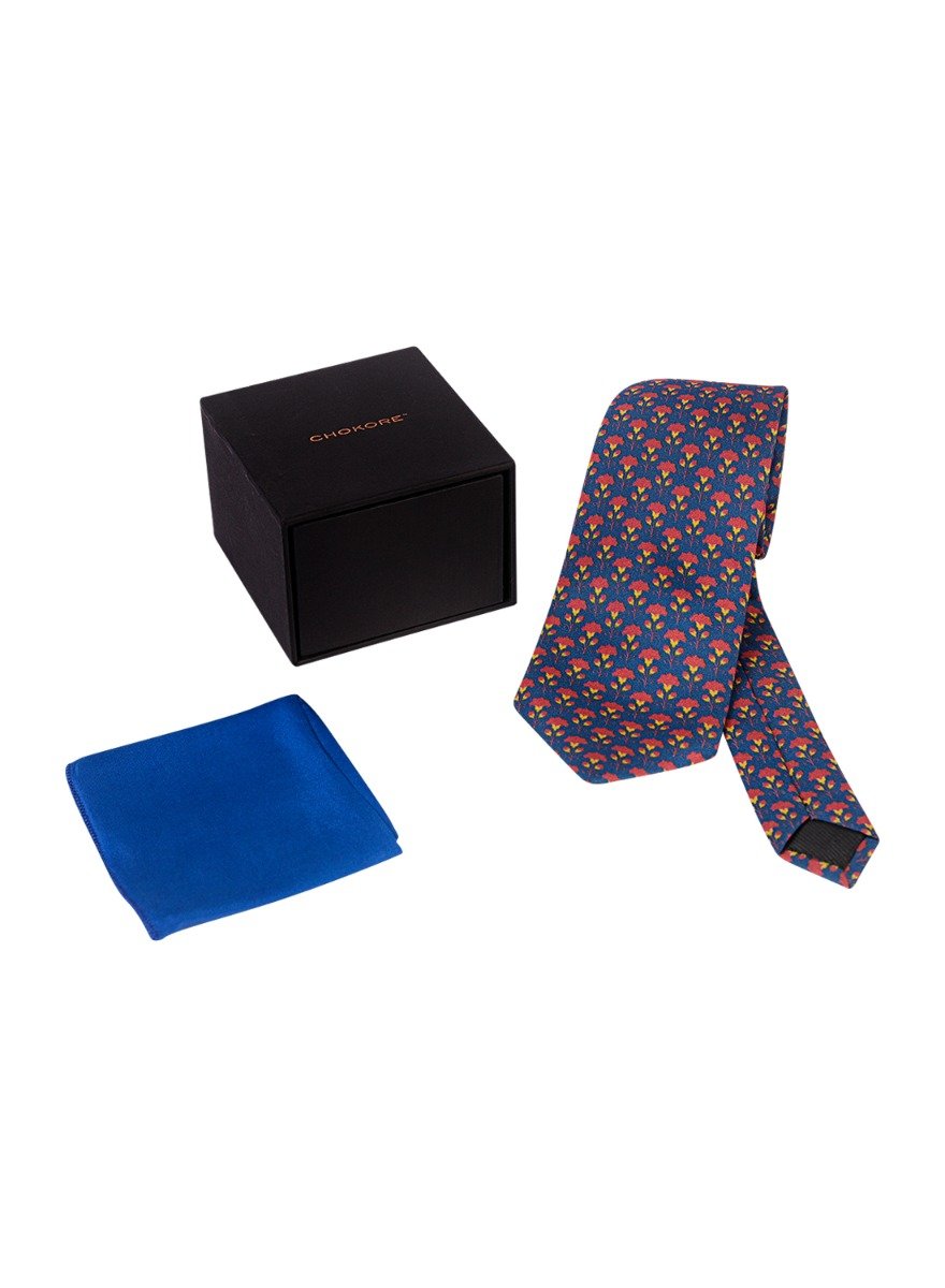 Chokore Blue & Red Floral Silk Tie from Indian At Heart range & Plain blue color Silk Pocket Square set