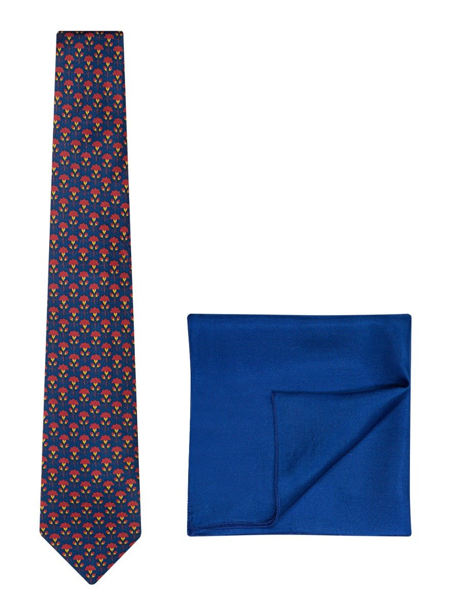 Chokore Blue & Red Floral Silk Tie from Indian At Heart range & Plain blue color Silk Pocket Square set