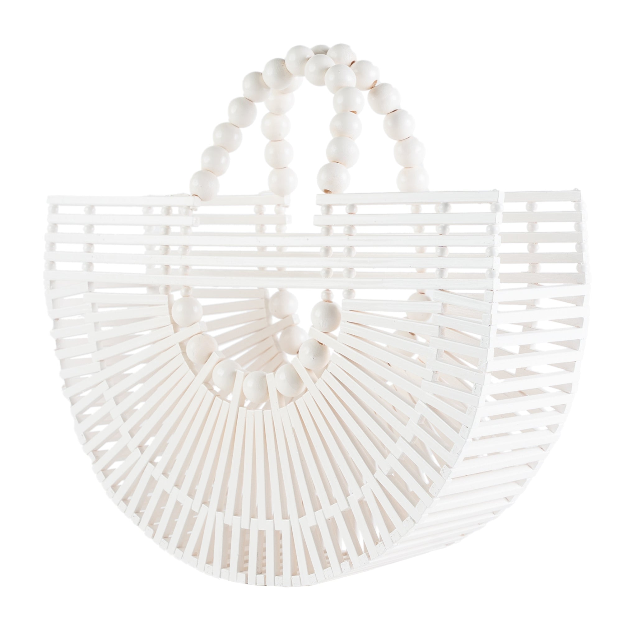 Bamboo Tote with bead handle - Handcrafted Basket Bag for Women. White
