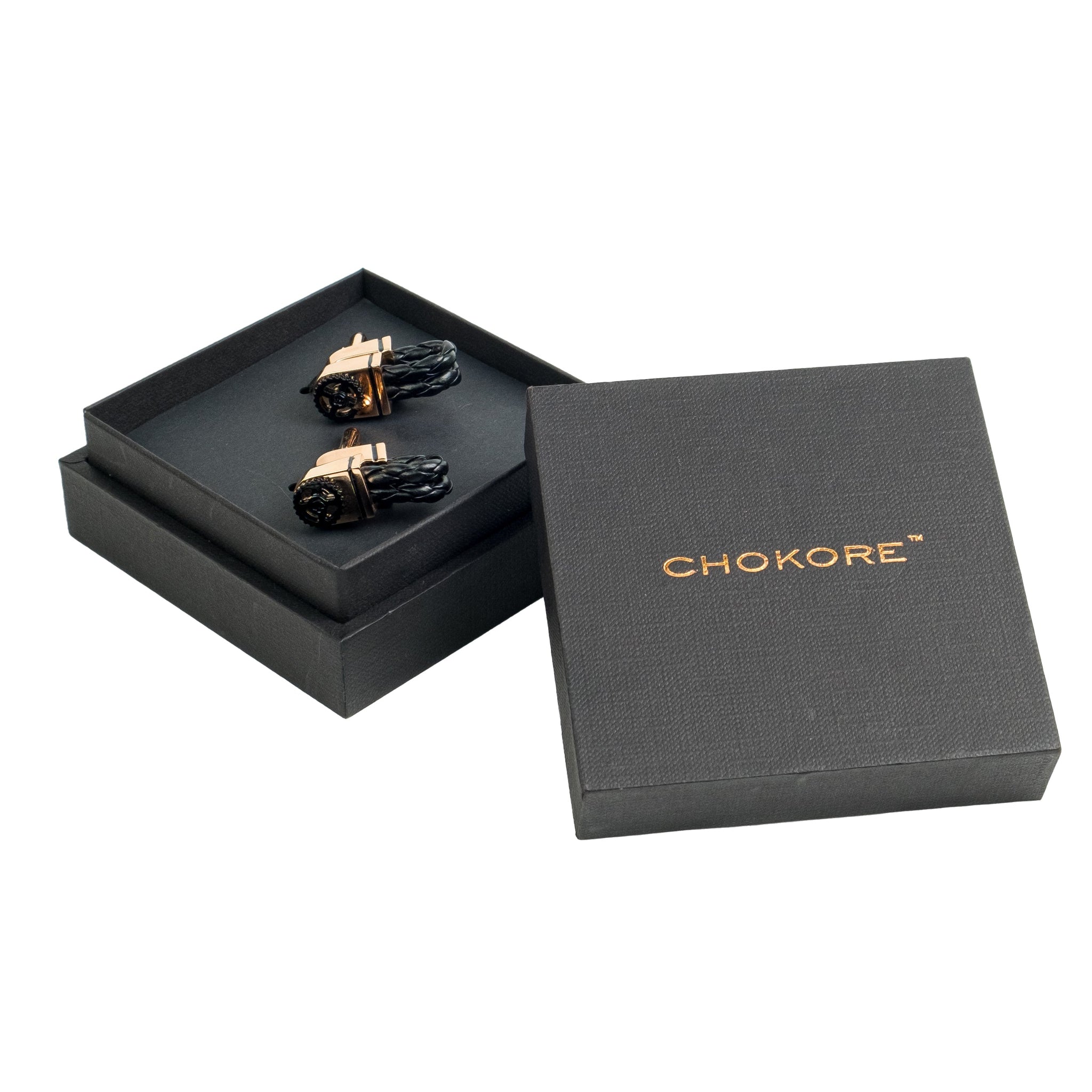 Chokore Braided Leather Cufflinks with Miniature Gear