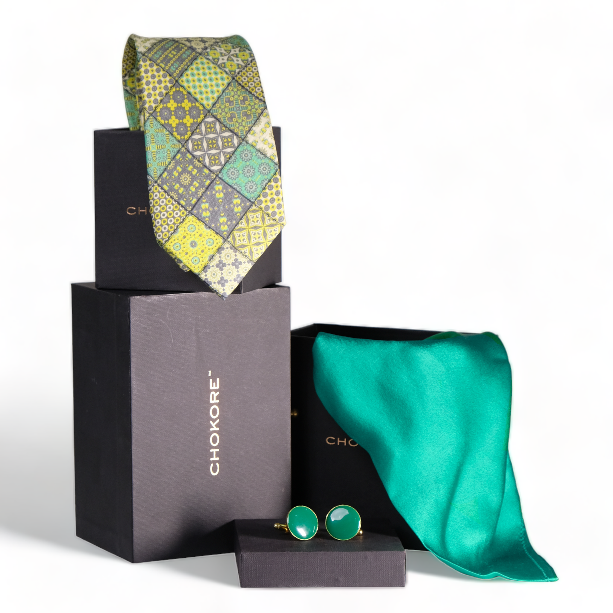 Chokore Special 3-in-1 Gift Set for Him (Turquoise Pocket Square, Necktie, & Cufflinks)