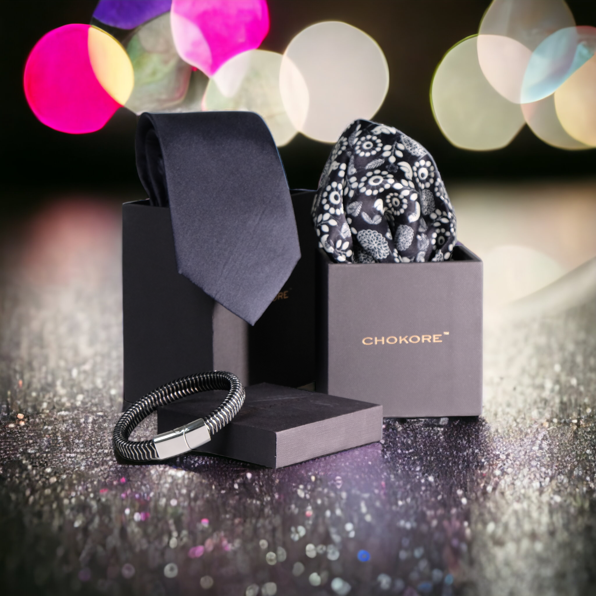 Chokore Special 3-in-1 Gift Set for Him (Black Pocket Square, Necktie, & Bracelet)