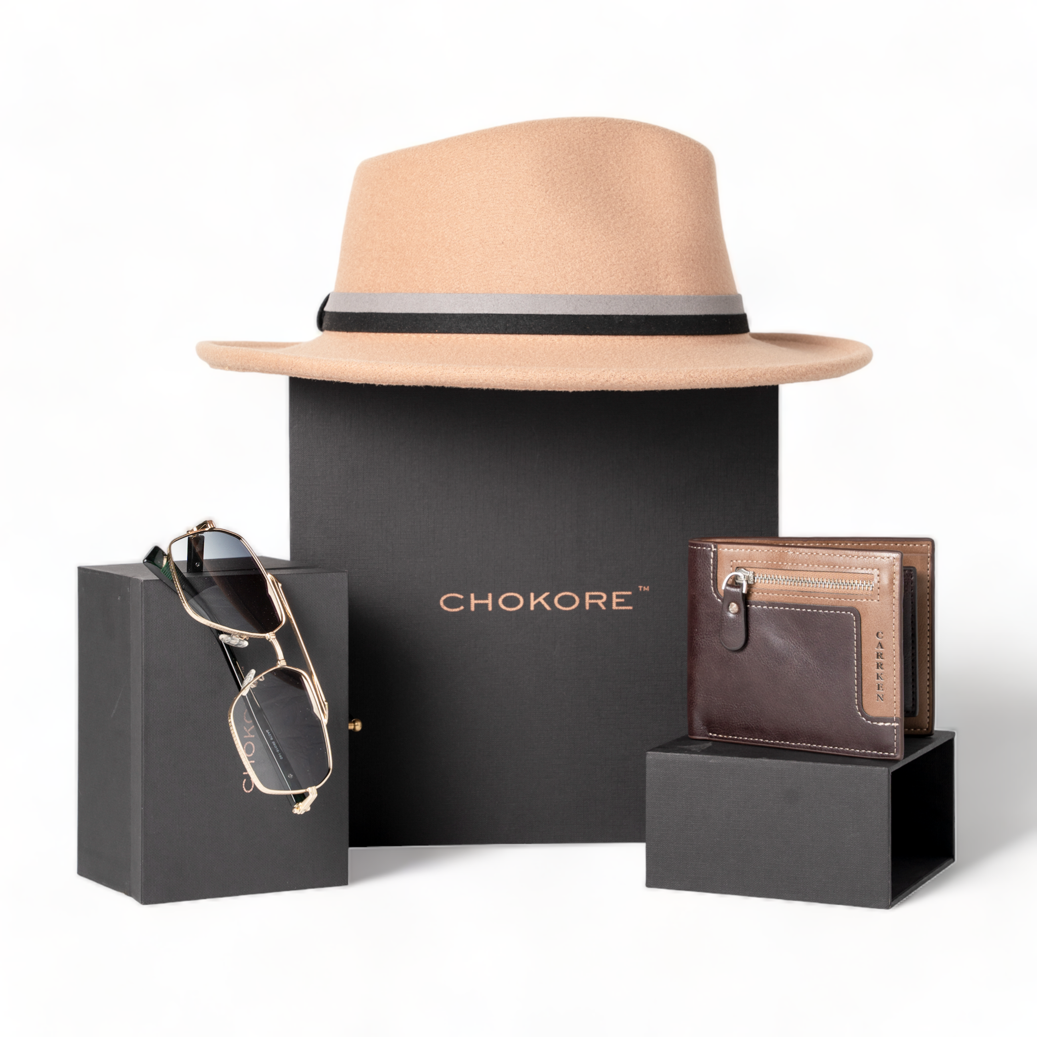 Chokore Special 3-in-1 Gift Set for Him (Fedora Hat, Wallet, & Sunglasses)