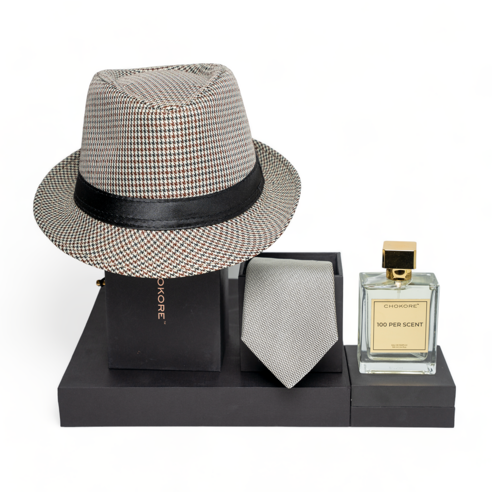 Chokore Special 3-in-1 Gift Set for Him (Fedora Hat, RKXC Necktie, & 100 Per Scent Perfume)