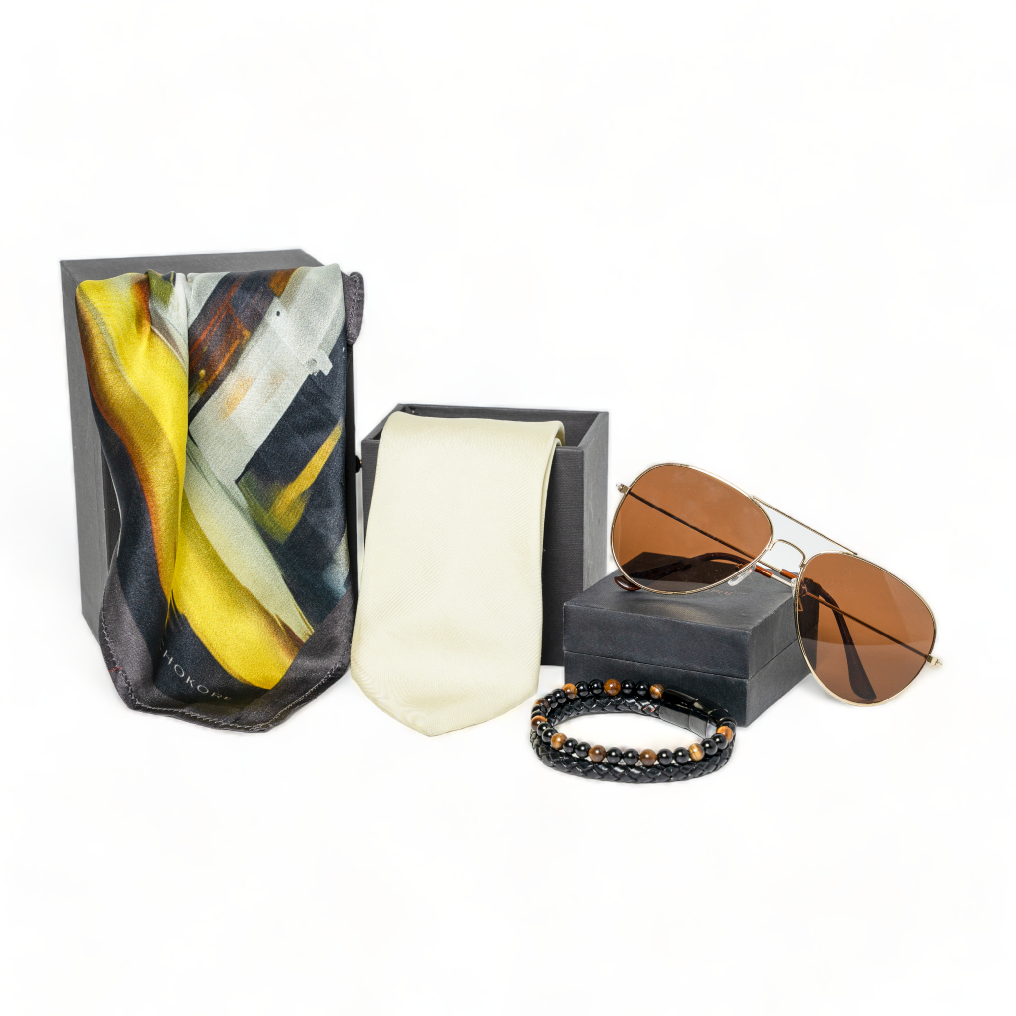 Chokore Special 4-in-1 Gift Set for Him (Pocket Square, Necktie, Sunglasses, & Bracelet)