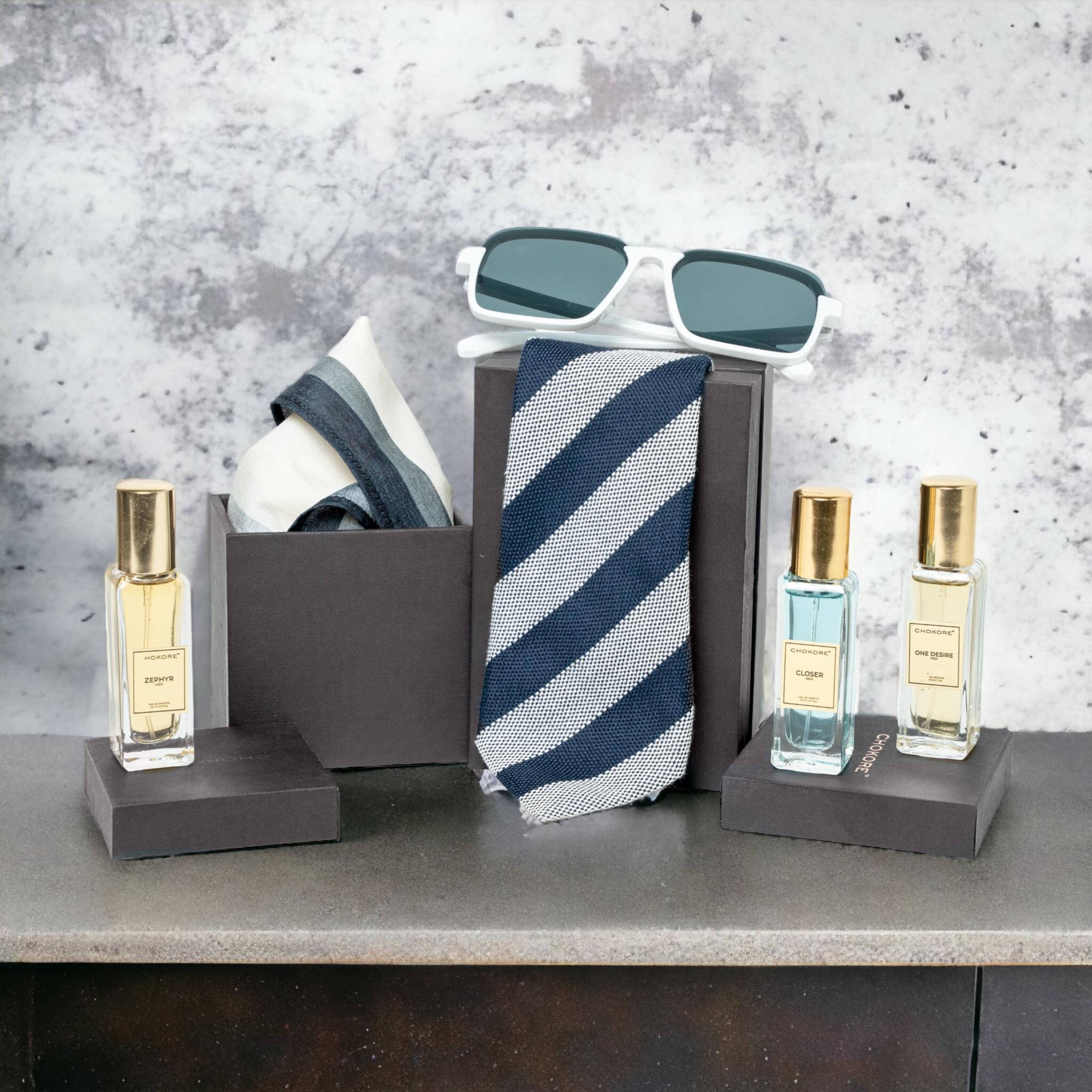 Chokore Special 4-in-1 Gift Set for Him (Pocket Square, Necktie, Sunglasses, & Perfume Combo)