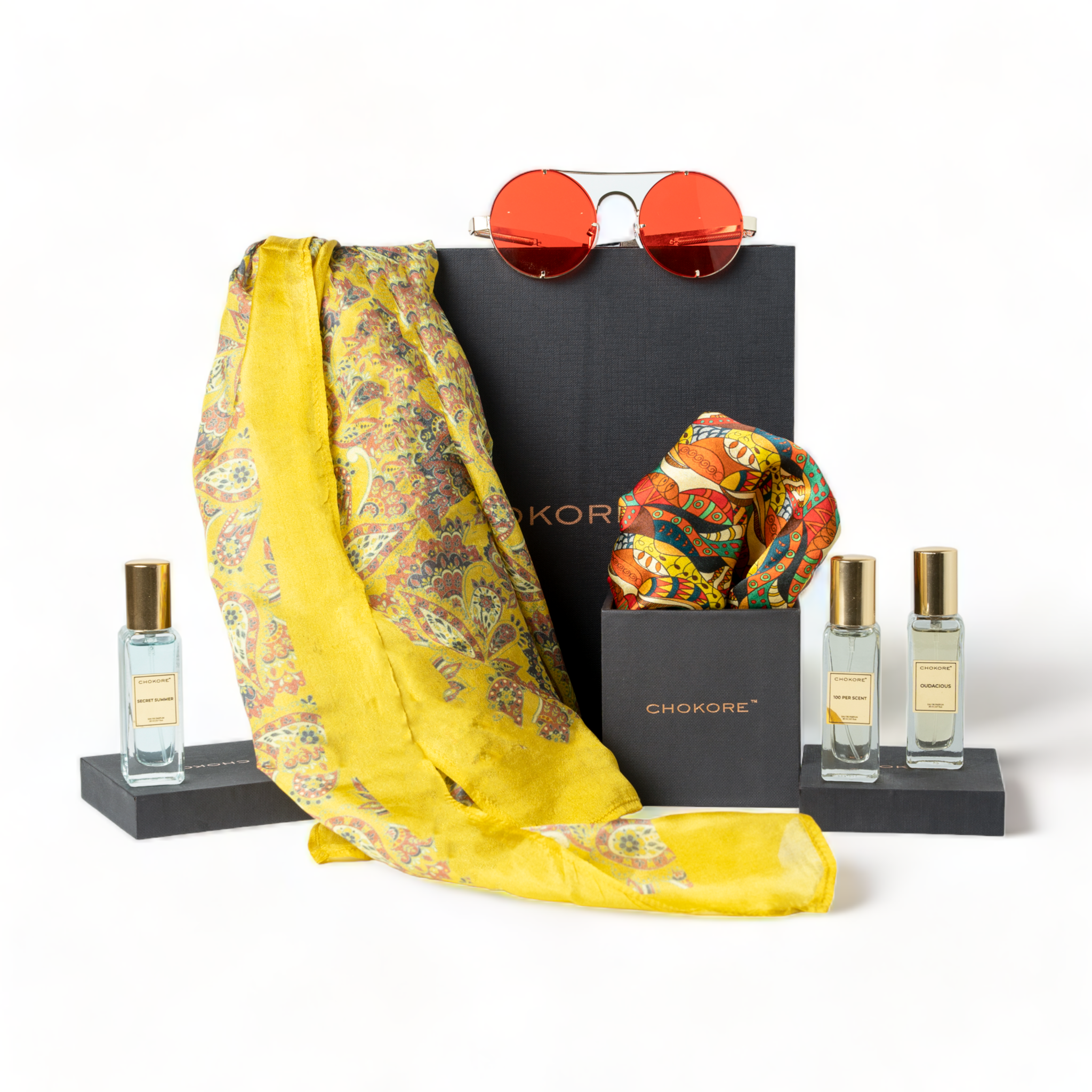 Chokore Special 4-in-1 Gift Set for Him & Her (Pocket Square, Stole, Sunglasses, & Perfumes Combo)