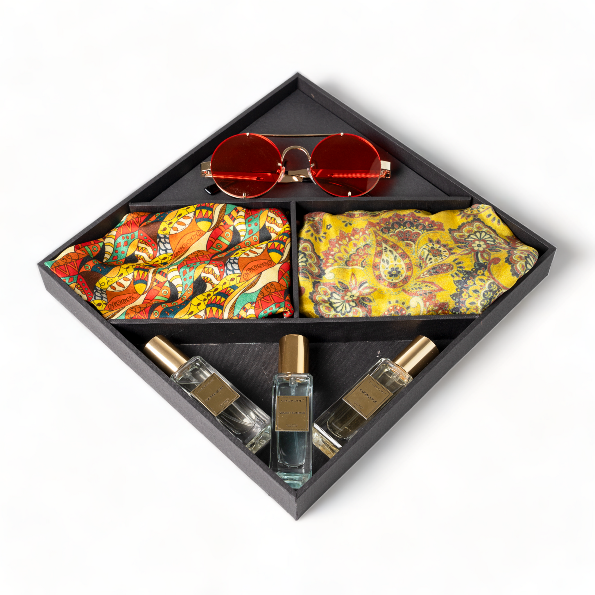 Chokore Special 4-in-1 Gift Set for Him & Her (Pocket Square, Stole, Sunglasses, & Perfumes Combo)