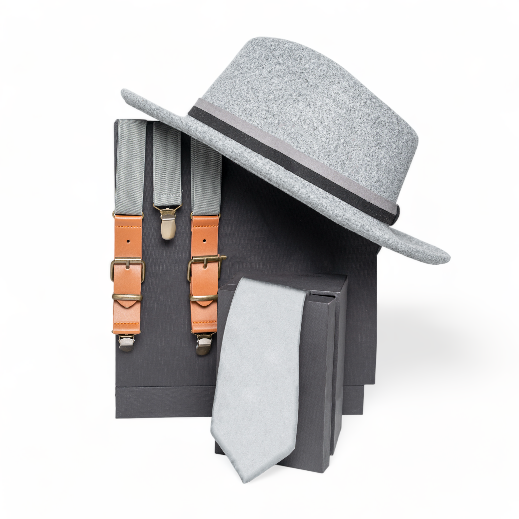 Chokore Special 3-in-1 Gift Set for Him (Gray Suspenders, Fedora Hat, & Solid Silk Necktie)