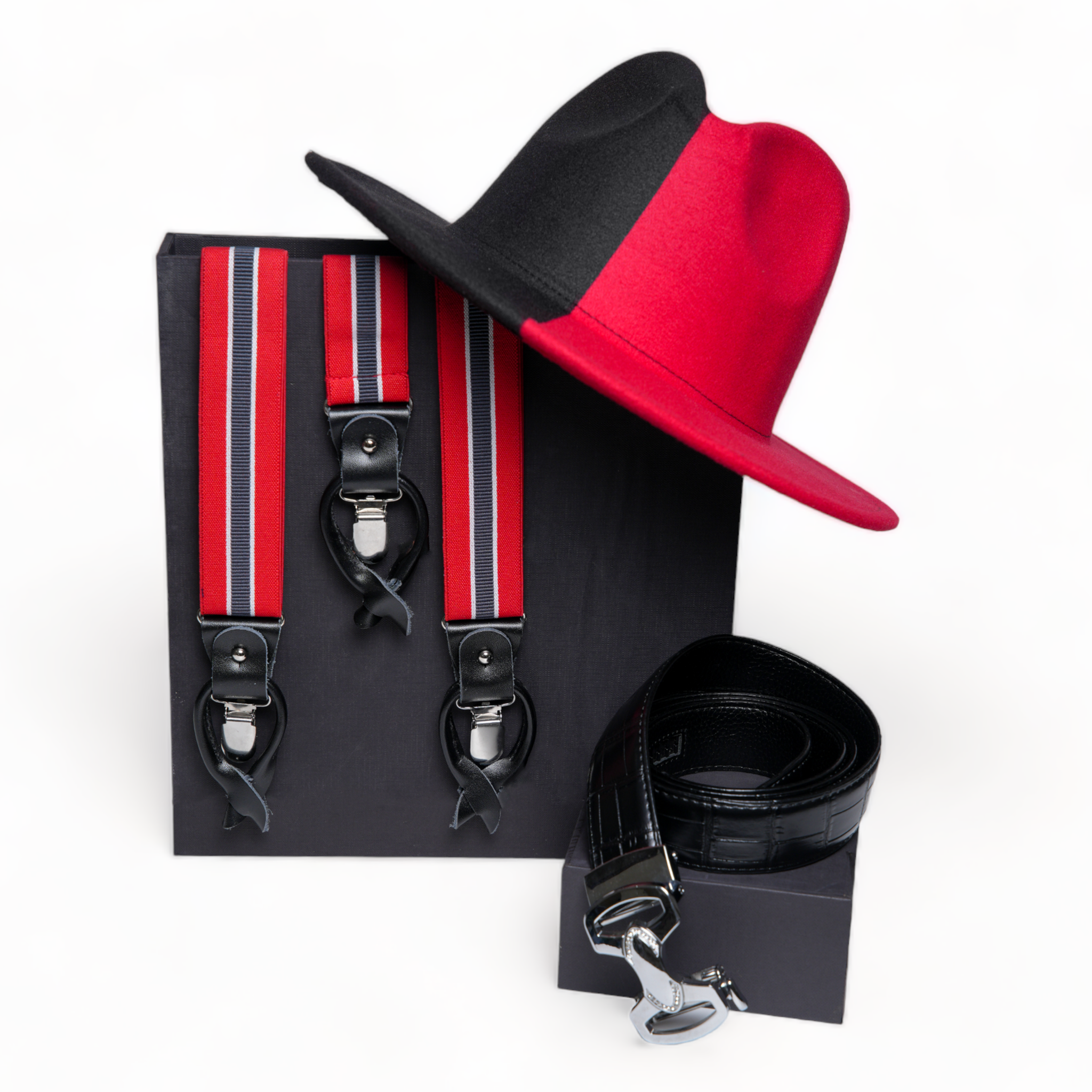 Chokore Special 3-in-1 Gift Set for Him (Y-shaped Suspenders, Fedora Hat, & Leather Belt)