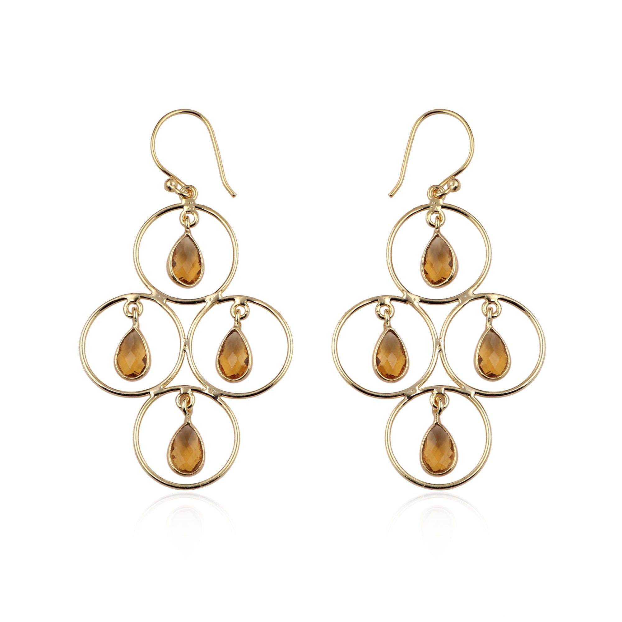 Circles and Citrine Gemstone Drops Earring, Gold tone. Handmade
