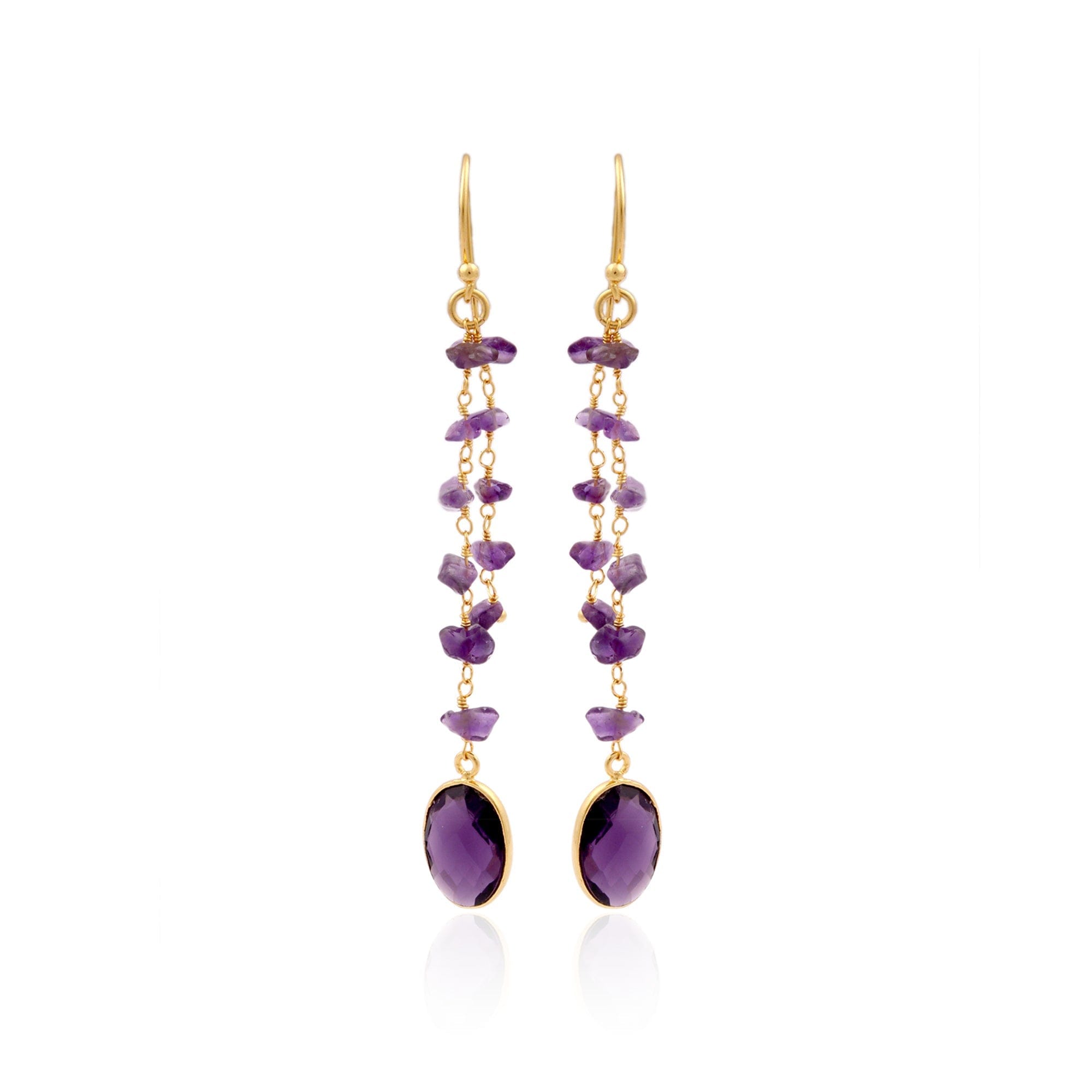 Linear drop earring with Amythest Gemstone. Gold tone.