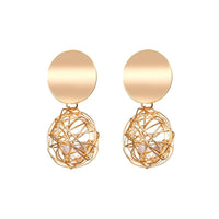 Chokore Drop Earrings with a woven metal mesh ball and pearl. Gold tone.