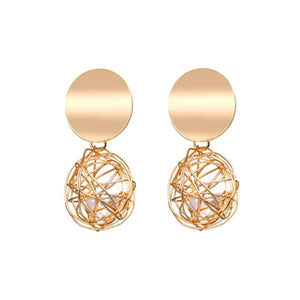 Chokore  Drop Earrings with a woven metal mesh ball and pearl. Gold tone. 