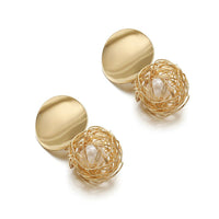 Chokore Drop Earrings with a woven metal mesh ball and pearl. Gold tone.