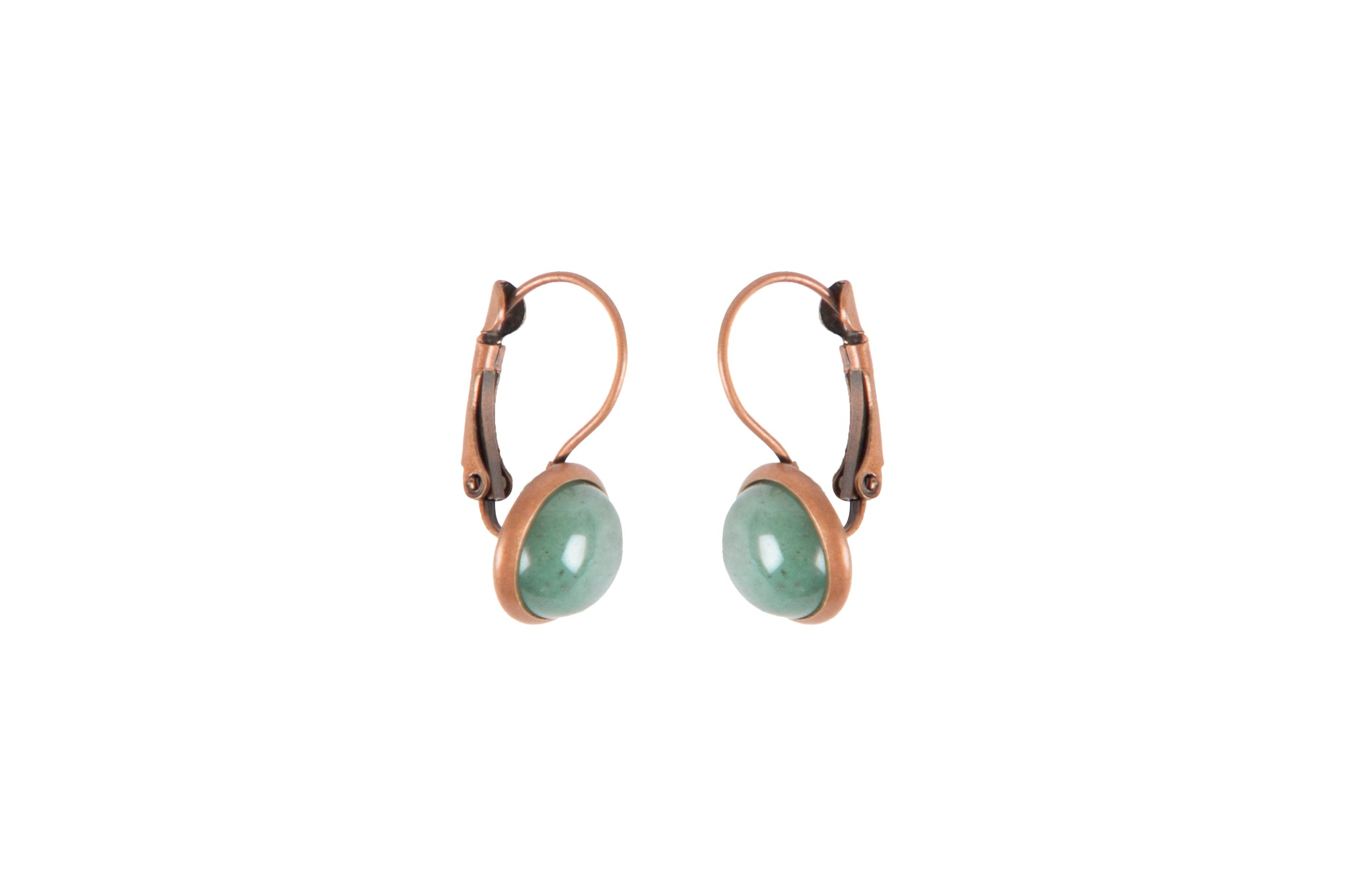 French Lever back earrings with Green Aventurine gemstone. Red Copper tone.