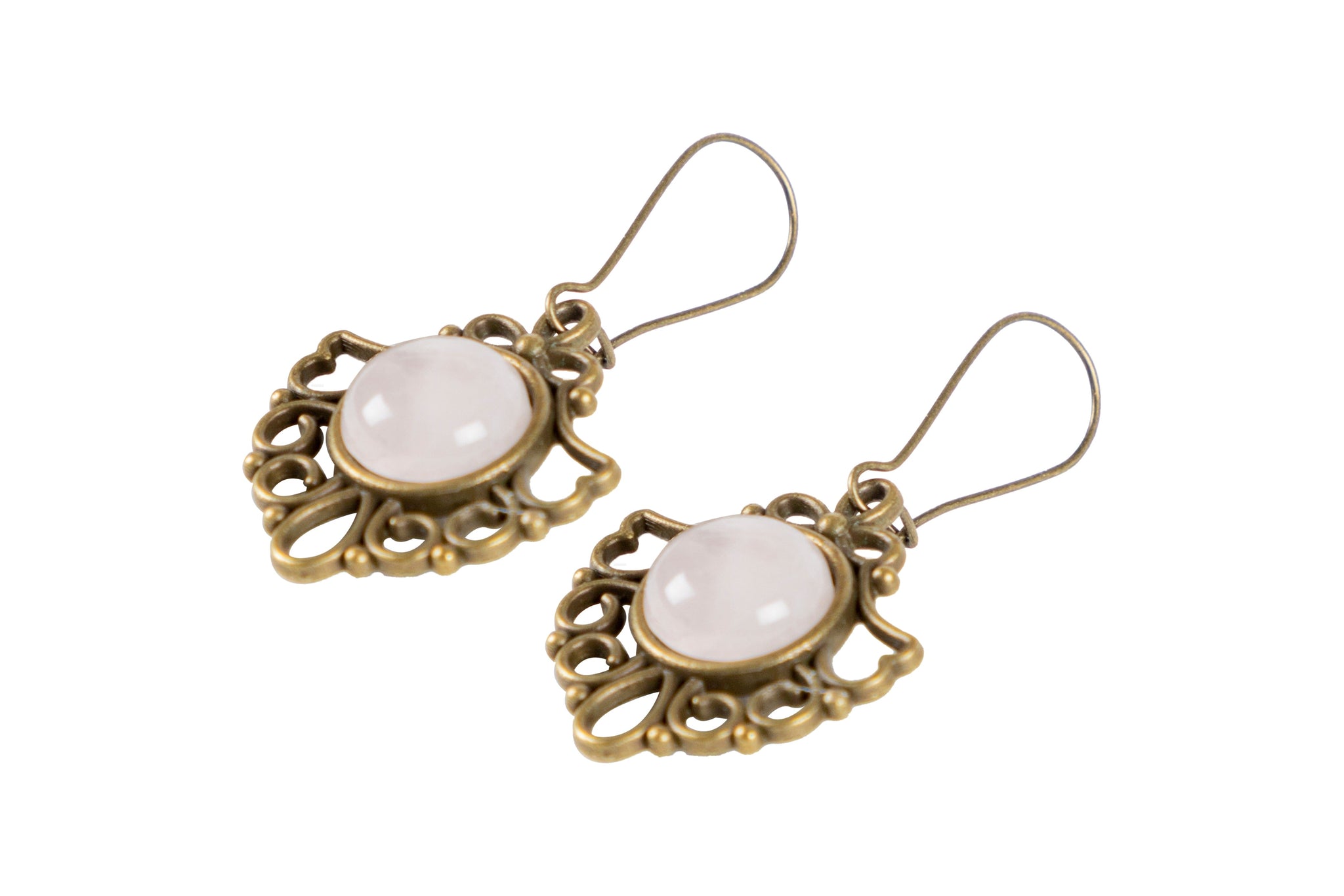Filigree drop earring with Pink Quartz Gemstone. Antique Bronze Tone