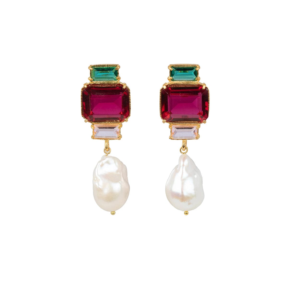Fuschia & Green Crystals with a Pearl Drop. Gold tone.