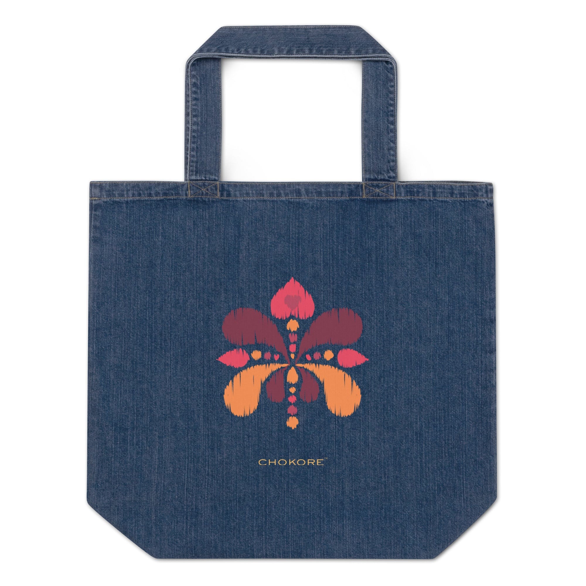 Organic Denim Tote Bag with a Red & Burgundy print. From the Indian at Heart collection.
