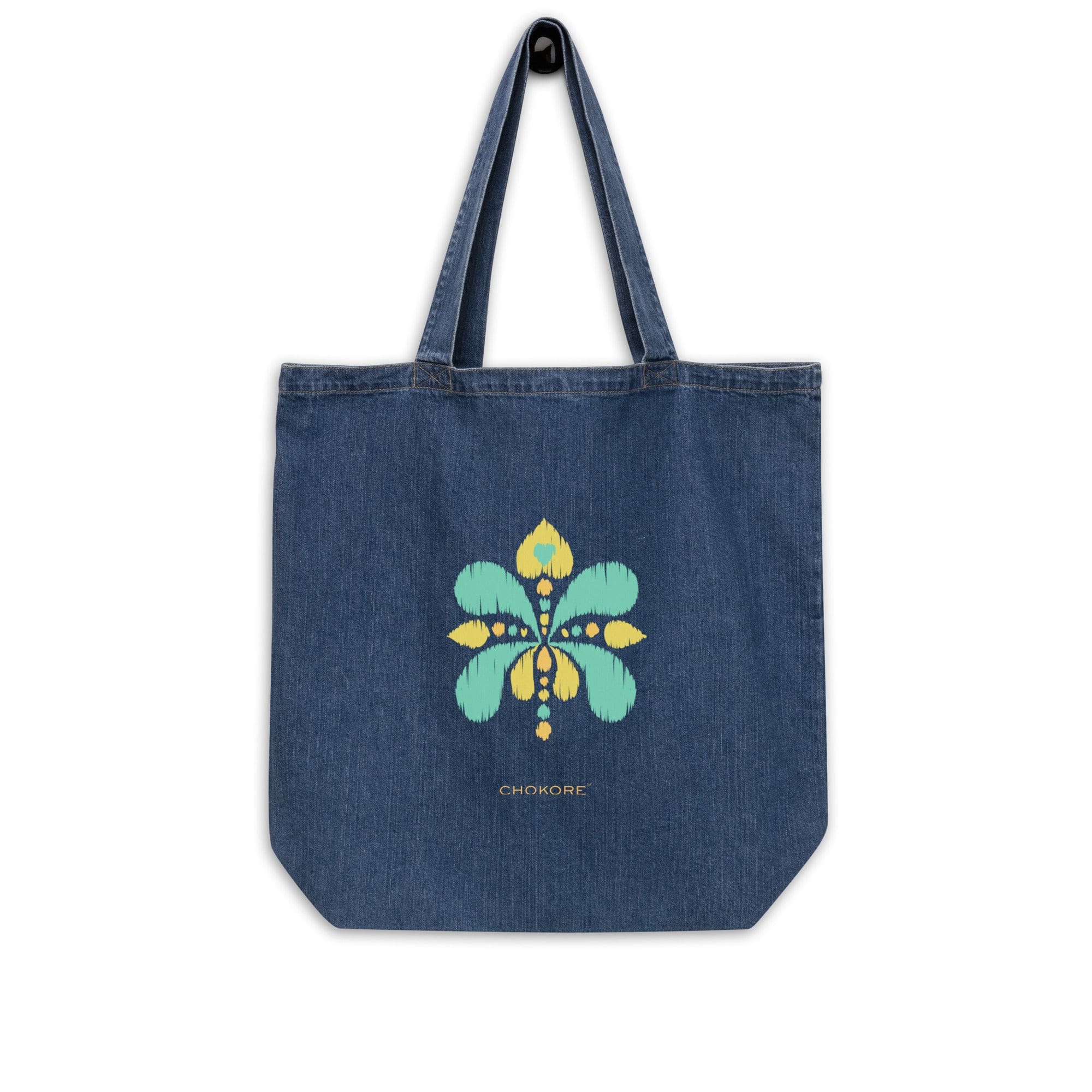 Organic Denim Tote Bag with a Shades of Green Motif. From the Indian at Heart collection