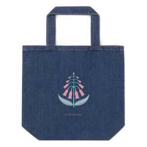 Chokore Organic Denim Tote Bag with Floral Art. From the Indian at Heart collection. Organic Denim Tote Bag with Floral Art. From the Indian at Heart collection. 