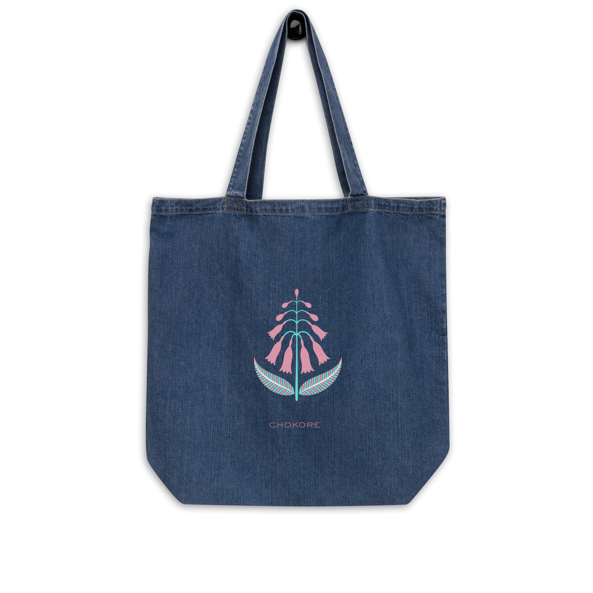 Organic Denim Tote Bag with Floral Art. From the Indian at Heart collection.
