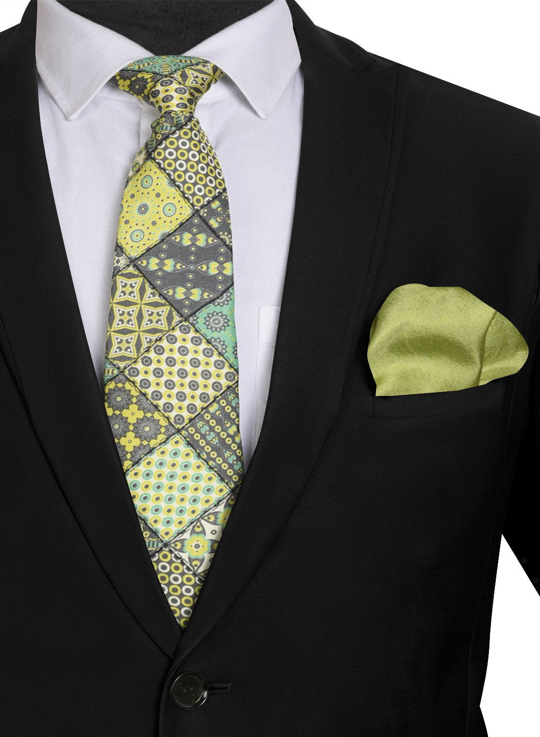 Chokore Yellow & Light Green Silk Tie - Indian At Heart range & Plain Mehandi Green color Silk Pocket Square set