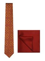 Chokore Chokore Red & Yellow Silk Tie - Indian At Heart range & Plain Red color Silk Pocket Square set