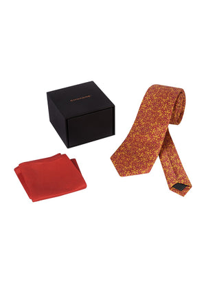 Chokore  Chokore Red & Yellow Silk Tie - Indian At Heart range & Plain Red color Silk Pocket Square set 