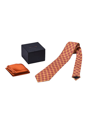 Chokore  Chokore Red & Orange Tartan tie & Orange color silk pocket square set 