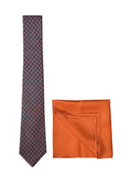 Chokore Chokore Navy Blue & Red Silk Tie & Orange color silk pocket square set