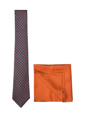 Chokore  Chokore Navy Blue & Red Silk Tie & Orange color silk pocket square set 