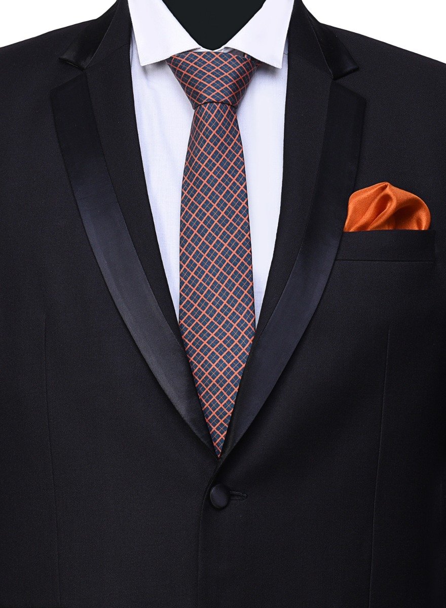 Chokore Navy Blue & Red Silk Tie & Orange color silk pocket square set