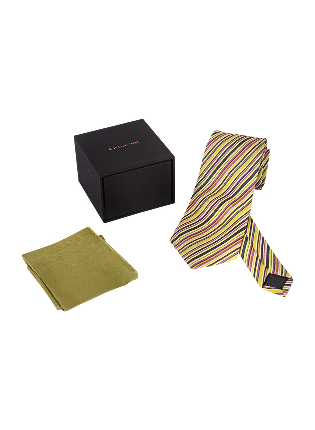 Chokore Multi-color Silk Tie & Plain Mehandi Green Silk Pocket Square set