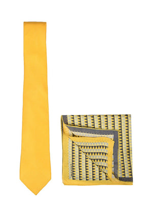 Chokore Chokore Yellow color silk tie & Tangerine & Grey Silk Pocket Square set Chokore Yellow color silk tie & Tangerine & Grey Silk Pocket Square set 