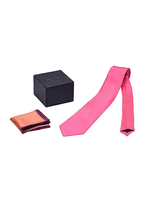 Chokore Chokore Fuschia color Silk Tie & Two-in-One Pink & Orange Silk Pocket Square set Chokore Fuschia color Silk Tie & Two-in-One Pink & Orange Silk Pocket Square set 
