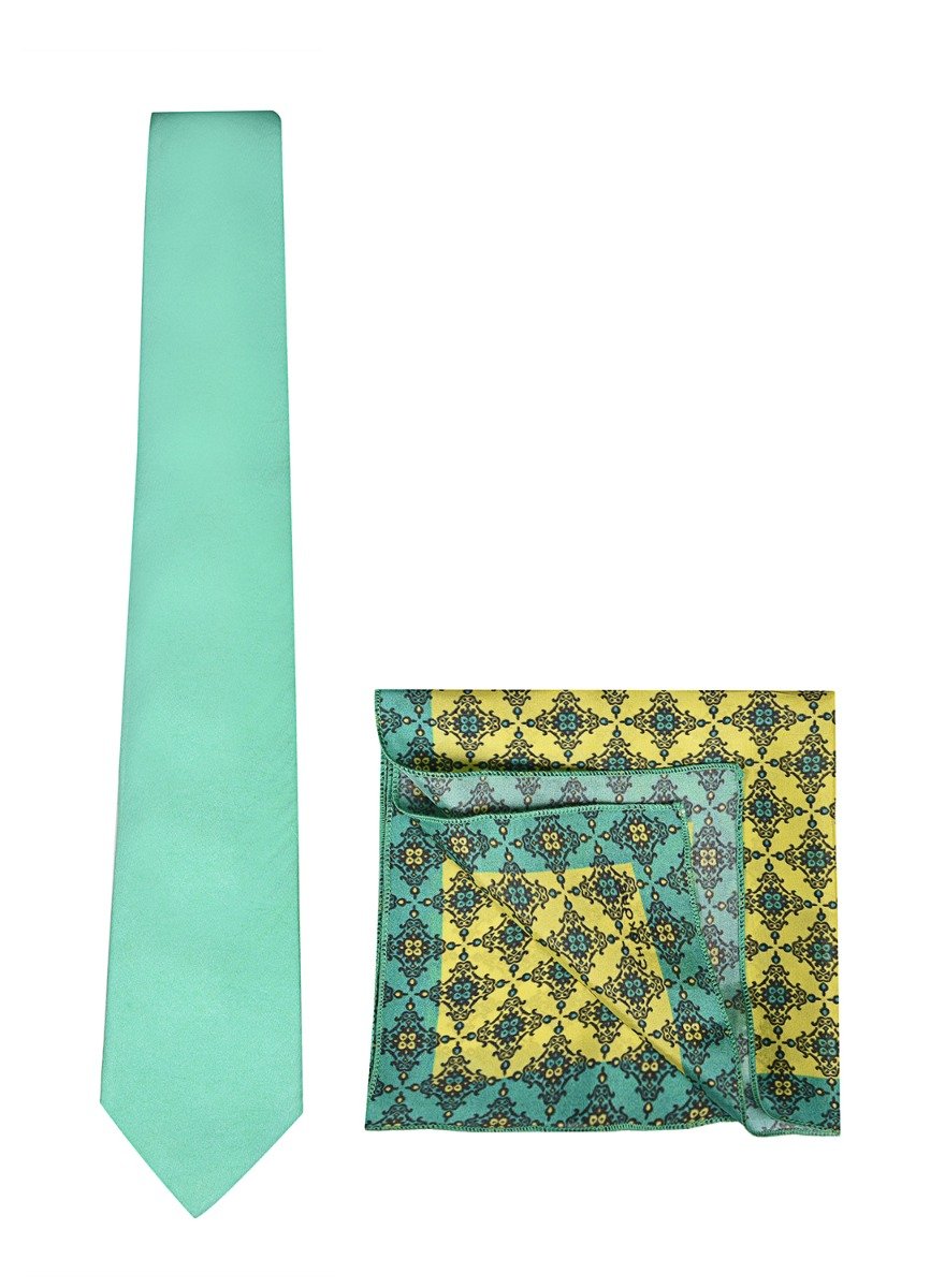 Chokore Dark Sea Green Silk Tie & Light Sea Green Indian Design Pocket Square set
