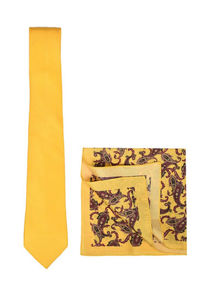 Chokore  Chokore Yellow color silk tie & Tangerine & Burgundy Pocket Square set 