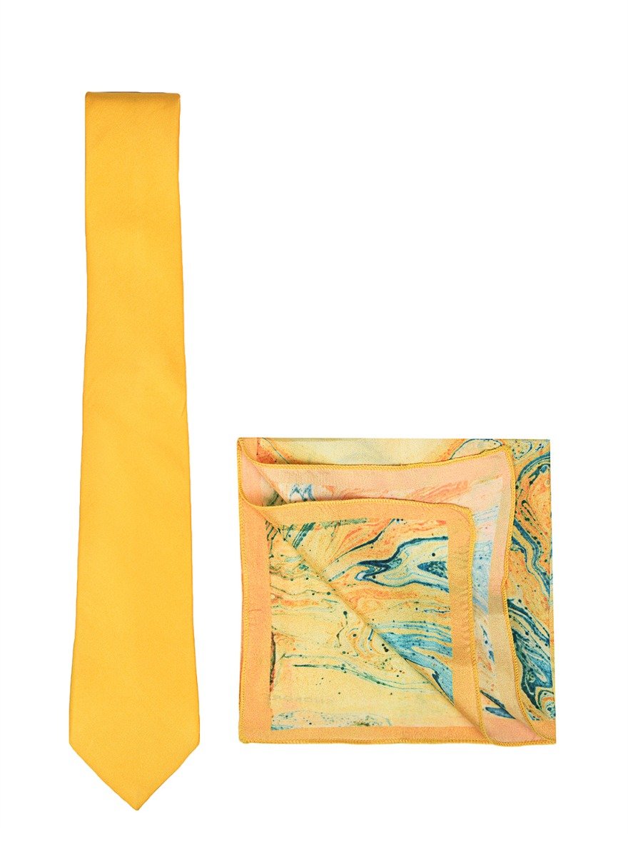 Chokore Yellow color silk tie & Orange & Sea Green Silk Pocket Square set