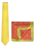 Chokore Chokore Yellow color silk tie & Rose Pink & Lemon Green Pure Silk Pocket Square set
