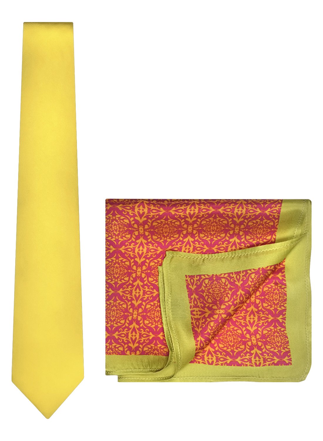 Chokore Yellow color silk tie & Rose Pink & Lemon Green Pure Silk Pocket Square set