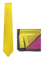 Chokore Chokore Yellow color silk tie & Two-in-one Yellow & Purple Green Silk Pocket Square set