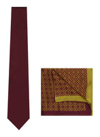 Chokore Chokore Burgundy color Plain Silk Tie & Burgundy & Lemon Green silk pocket square set
