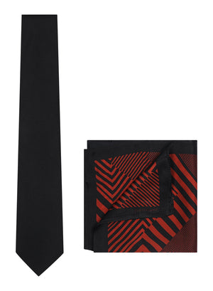 Chokore Chokore Black color Plain Silk Tie & Red & Black printed silk pocket square set Chokore Black color Plain Silk Tie & Red & Black printed silk pocket square set 