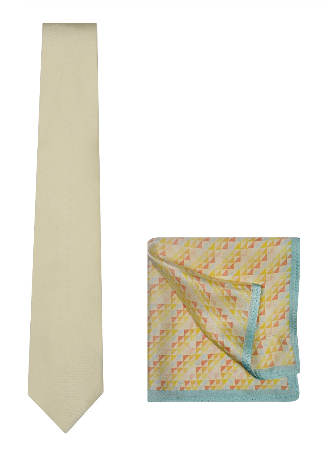 Chokore Off White color Plain Silk Tie & Peach & Light Blue color silk pocket square set