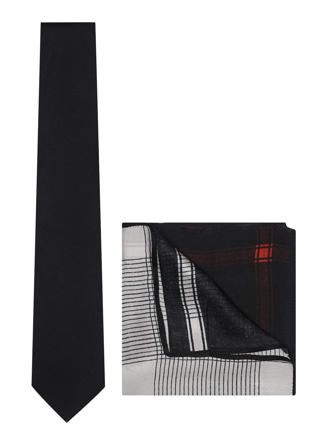 Chokore Black color Plain Silk Tie & Printed Four-in-one Black & Red silk pocket square set