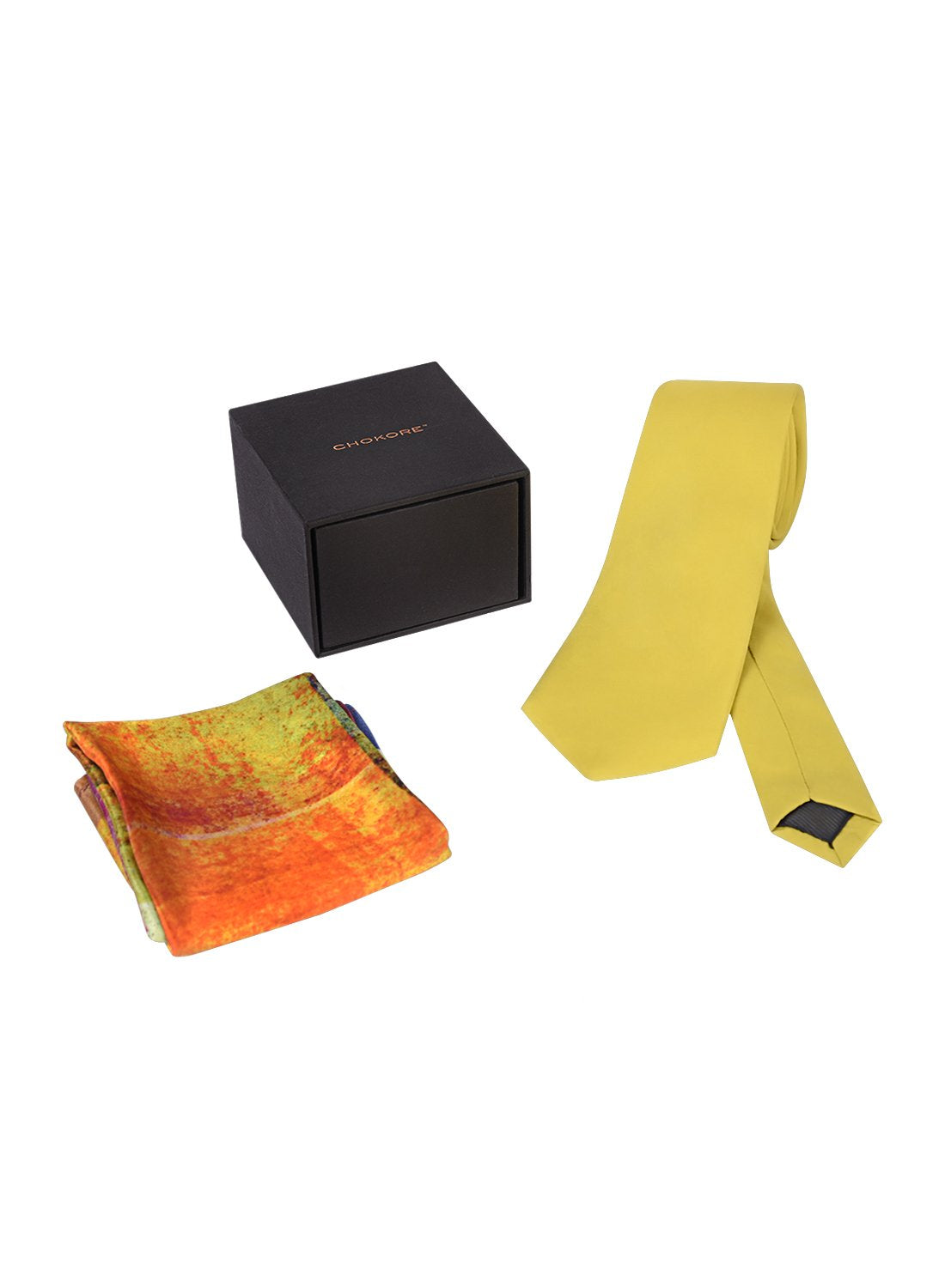 Chokore Yellow color silk tie & Multicolor Silk Pocket Square set